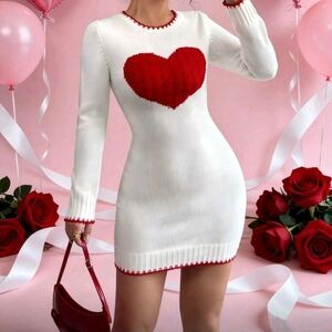 Elegant White Dress with Red Heart Design